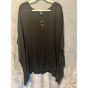 18 Centimeters Black Rayon Poncho Top 2X Gold Ring Boho Caftan Blouse